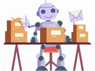 Dall-e generated image: A friendly smiling robot sitting on a table, sorting mails into three paper trays, colorful flat style, white background