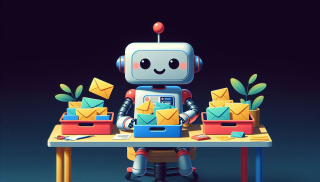 Dall-e generated image: A friendly smiling robot sitting on a table, sorting mails into three paper trays, colorful flat style, white background